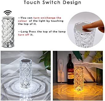 Rose Diamond Crystal Table Lamp – 16 RGB Colors, Touch & Remote