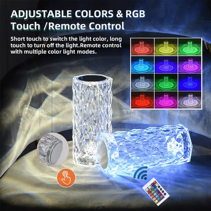 Rose Diamond Crystal Table Lamp – 16 RGB Colors, Touch & Remote