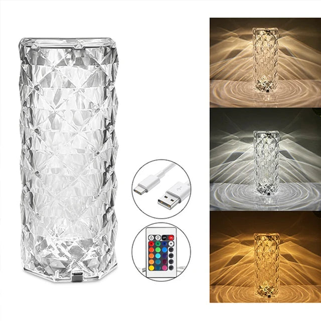 Rose Diamond Crystal Table Lamp – 16 RGB Colors, Touch & Remote