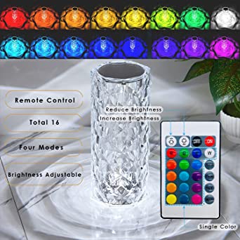 Rose Diamond Crystal Table Lamp – 16 RGB Colors, Touch & Remote