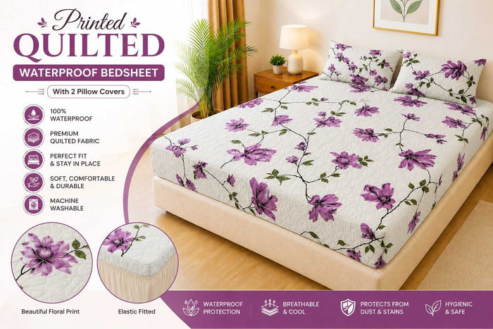Printed Fancy Quilted Waterproof Fitted Mattress Protector Set with 2 Pillow Covers - King Size