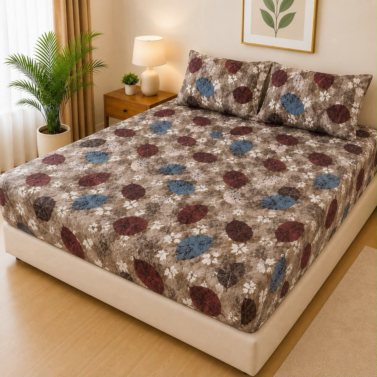 Printed Fancy Quilted Waterproof Fitted Mattress Protector Set with 2 Pillow Covers - King Size