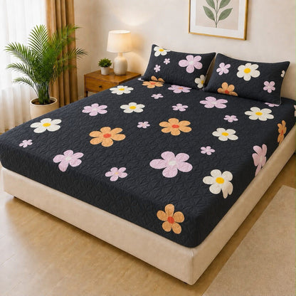 Printed Fancy Quilted Waterproof Fitted Mattress Protector Set with 2 Pillow Covers - King Size