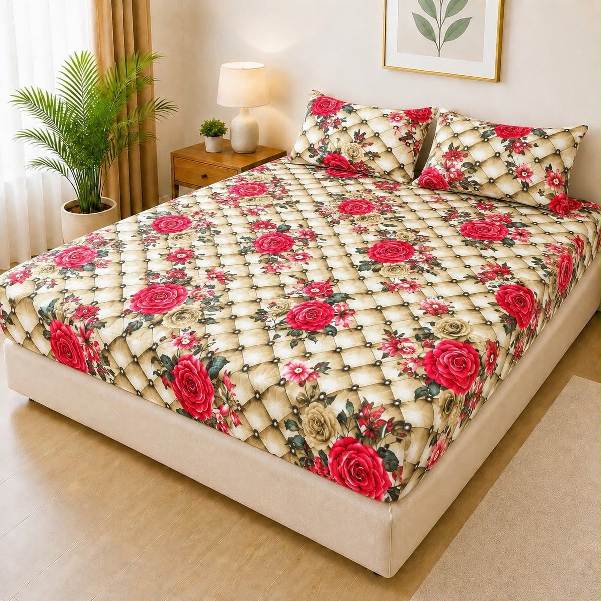 Printed Fancy Quilted Waterproof Fitted Mattress Protector Set with 2 Pillow Covers - King Size