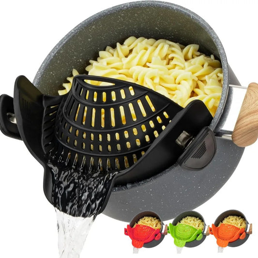Heat-Resistant Silicone Clip-On Strainer for Pots/Pans - Collapsible Drain Colander for Pasta, Veggies, Fruits - Kitchen Tool