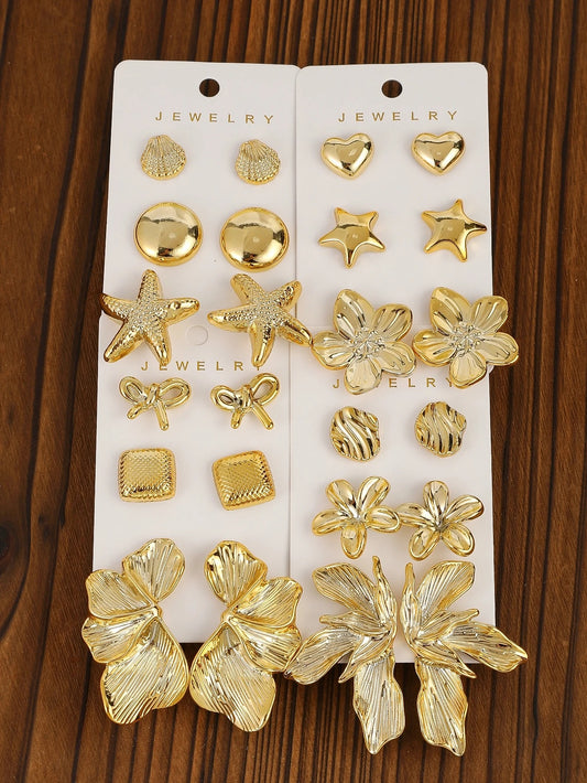 3pairs-12pairs/set Vintage Golden-Plated Earrings Set,Heart&Flower Shaped, Women's Jewelry Gift