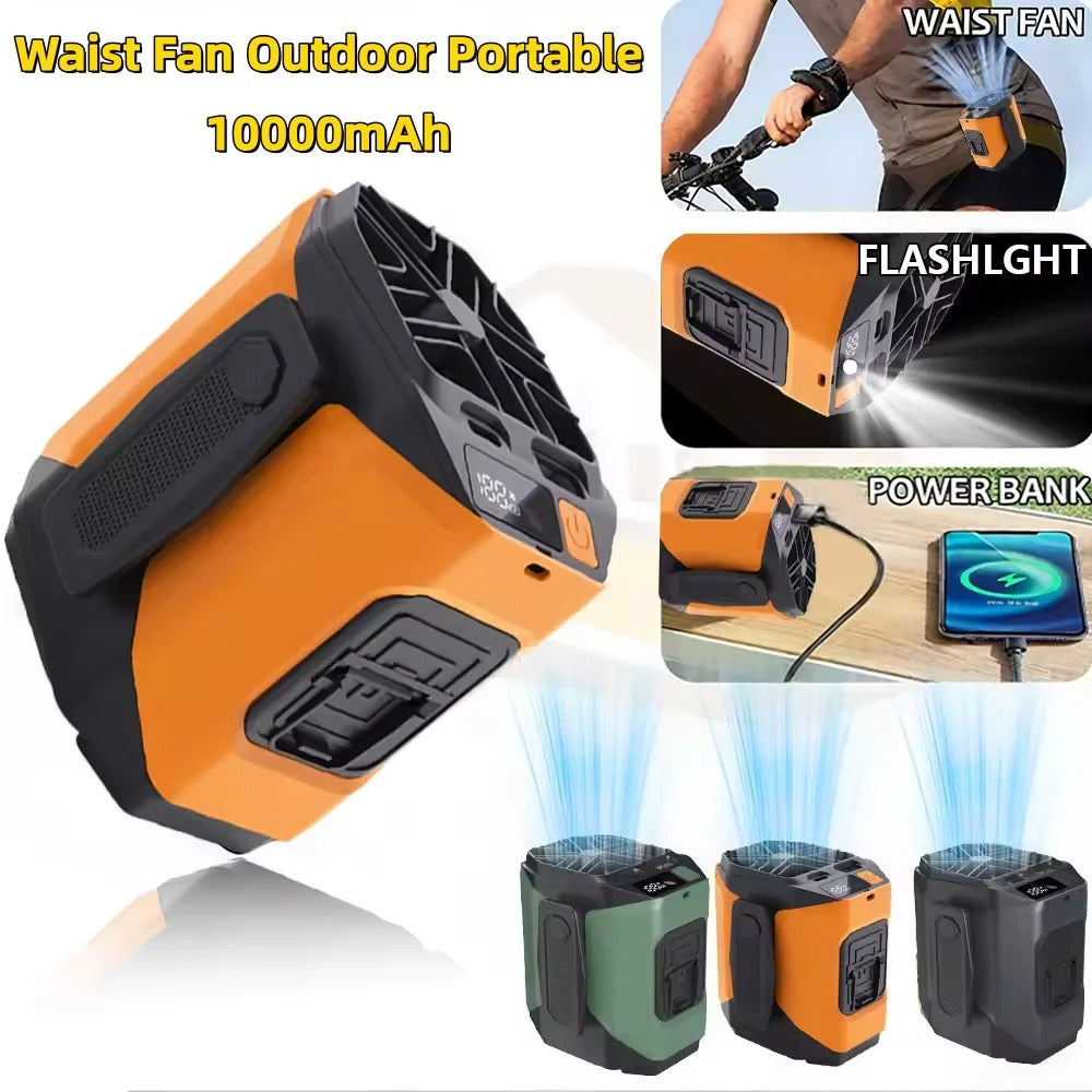 10000mAh Rechargeable Waist Fan Portable Hands Free Mini Fan With Power Bank Flashlight 5 Speeds For Outdoor Activities