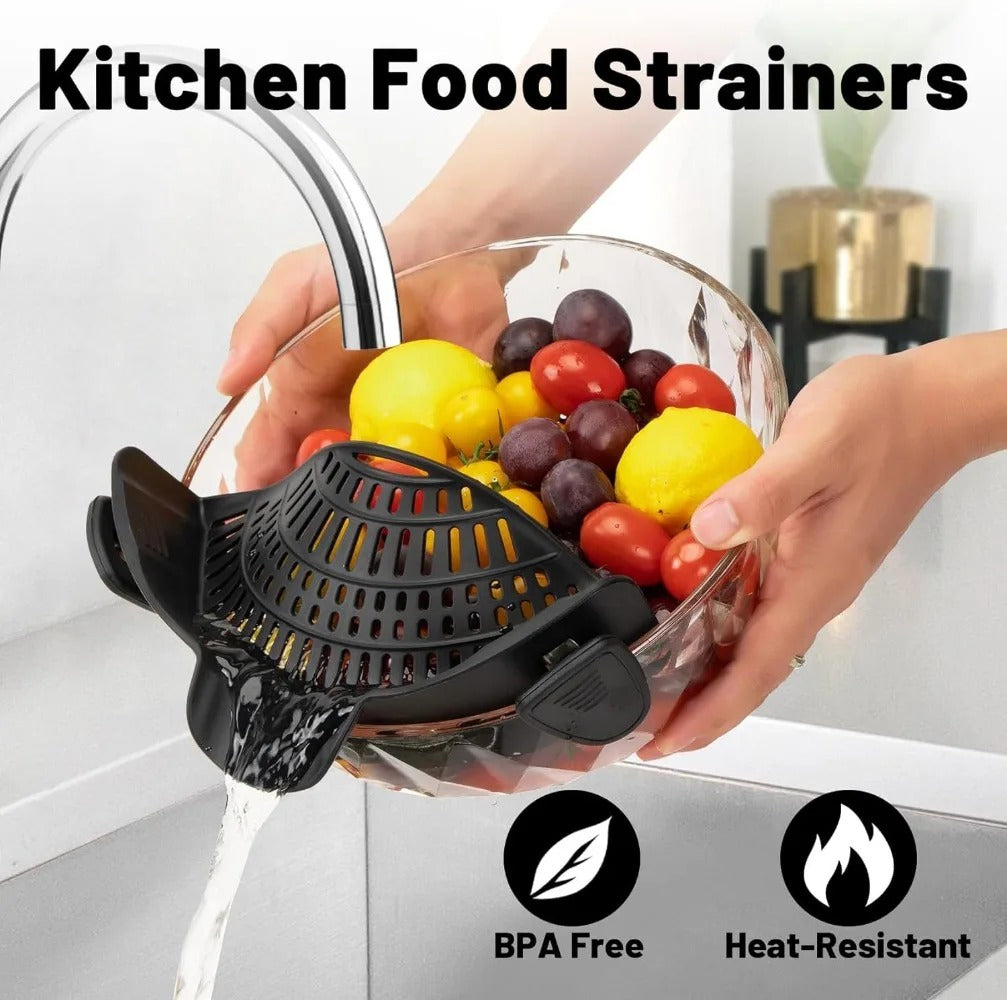 Heat-Resistant Silicone Clip-On Strainer for Pots/Pans - Collapsible Drain Colander for Pasta, Veggies, Fruits - Kitchen Tool