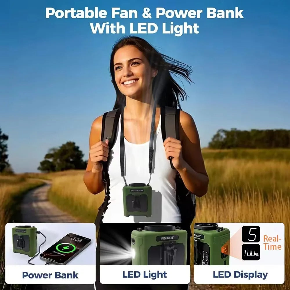10000mAh Rechargeable Waist Fan Portable Hands Free Mini Fan With Power Bank Flashlight 5 Speeds For Outdoor Activities