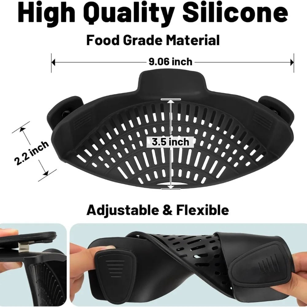 Heat-Resistant Silicone Clip-On Strainer for Pots/Pans - Collapsible Drain Colander for Pasta, Veggies, Fruits - Kitchen Tool