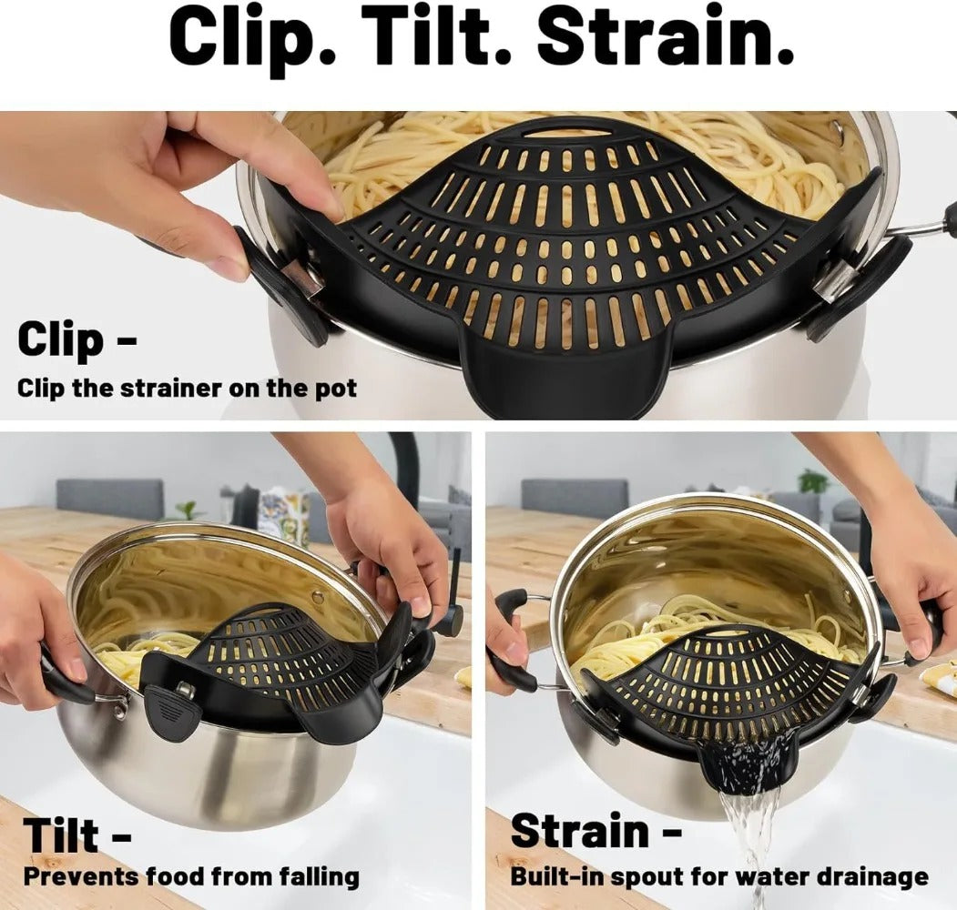 Heat-Resistant Silicone Clip-On Strainer for Pots/Pans - Collapsible Drain Colander for Pasta, Veggies, Fruits - Kitchen Tool