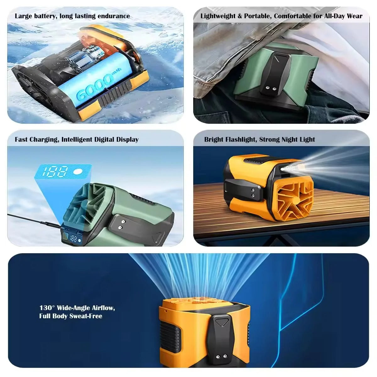 10000mAh Rechargeable Waist Fan Portable Hands Free Mini Fan With Power Bank Flashlight 5 Speeds For Outdoor Activities