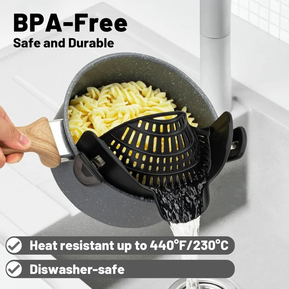 Heat-Resistant Silicone Clip-On Strainer for Pots/Pans - Collapsible Drain Colander for Pasta, Veggies, Fruits - Kitchen Tool